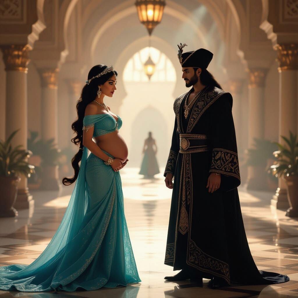 Princess Jasmine Pregnant Beside Jafar in Dramatic Palace Sc...