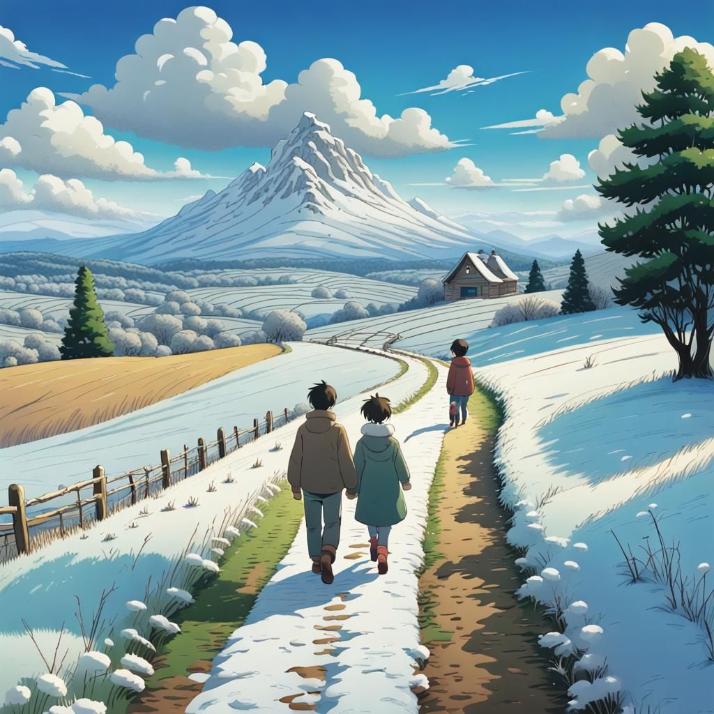 Family Walk in Snowy Field: Studio Ghibli Style