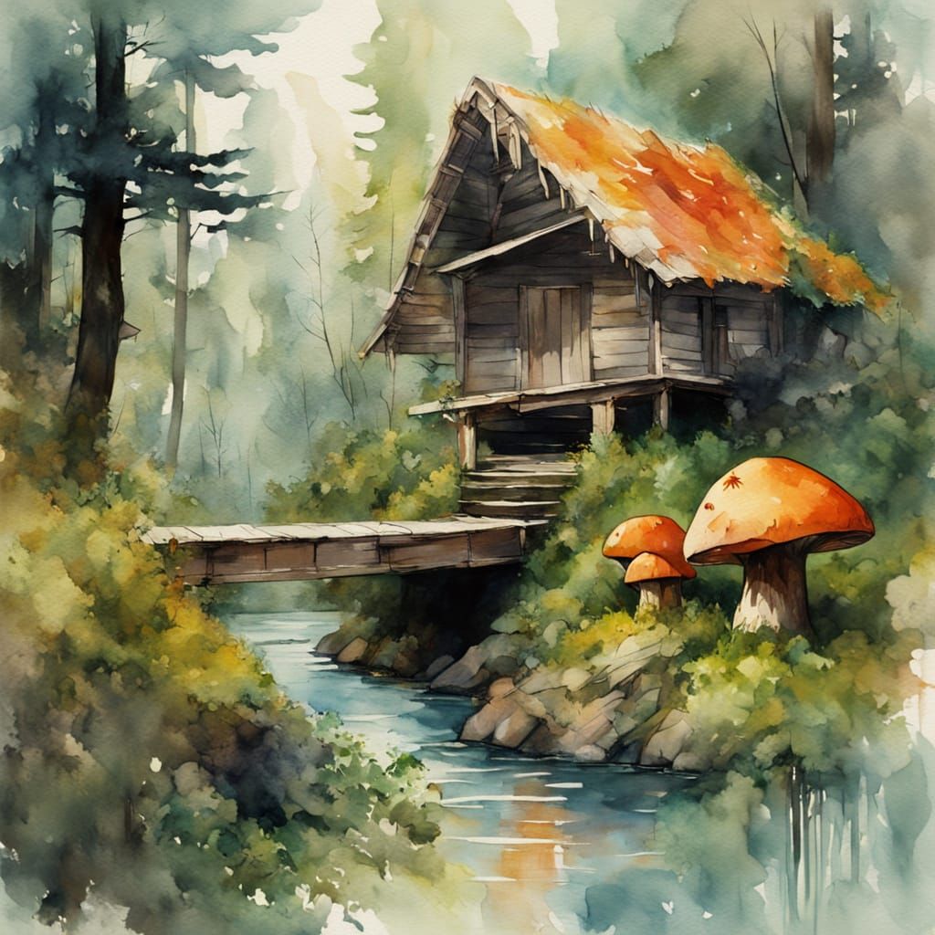 Forest Troll Cooks Mushrooms: Gouache Watercolor Masterpiece