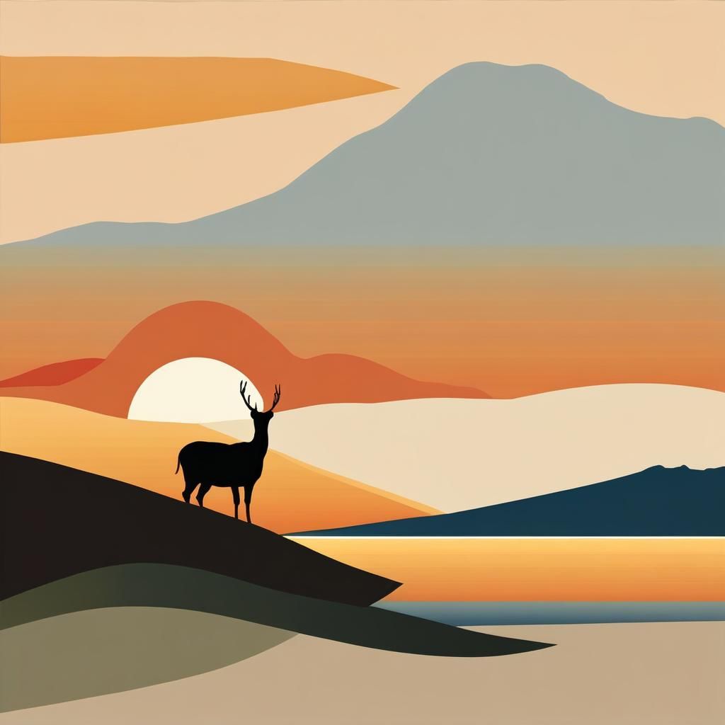 a minimalist painting of a deer at sunrise