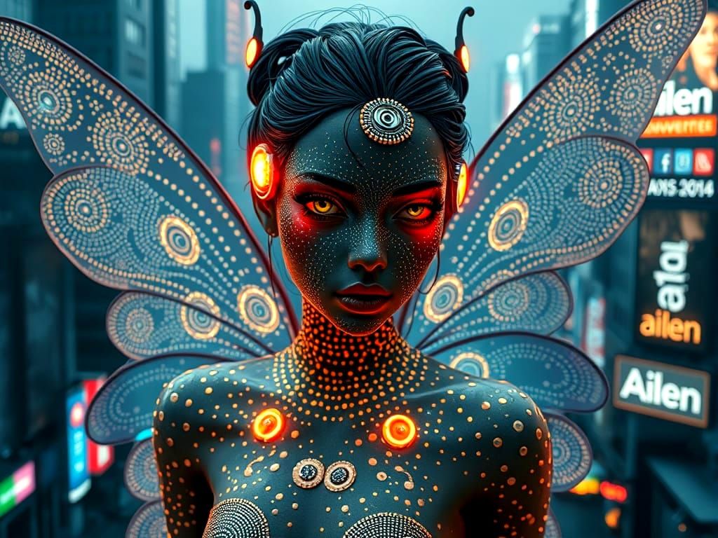 Cyberpunk Fairy Portrait with Neon Wings