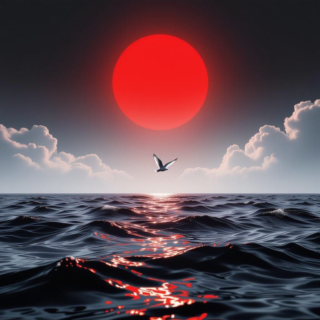 Striking Red Sun Over Black Sea with White Bird