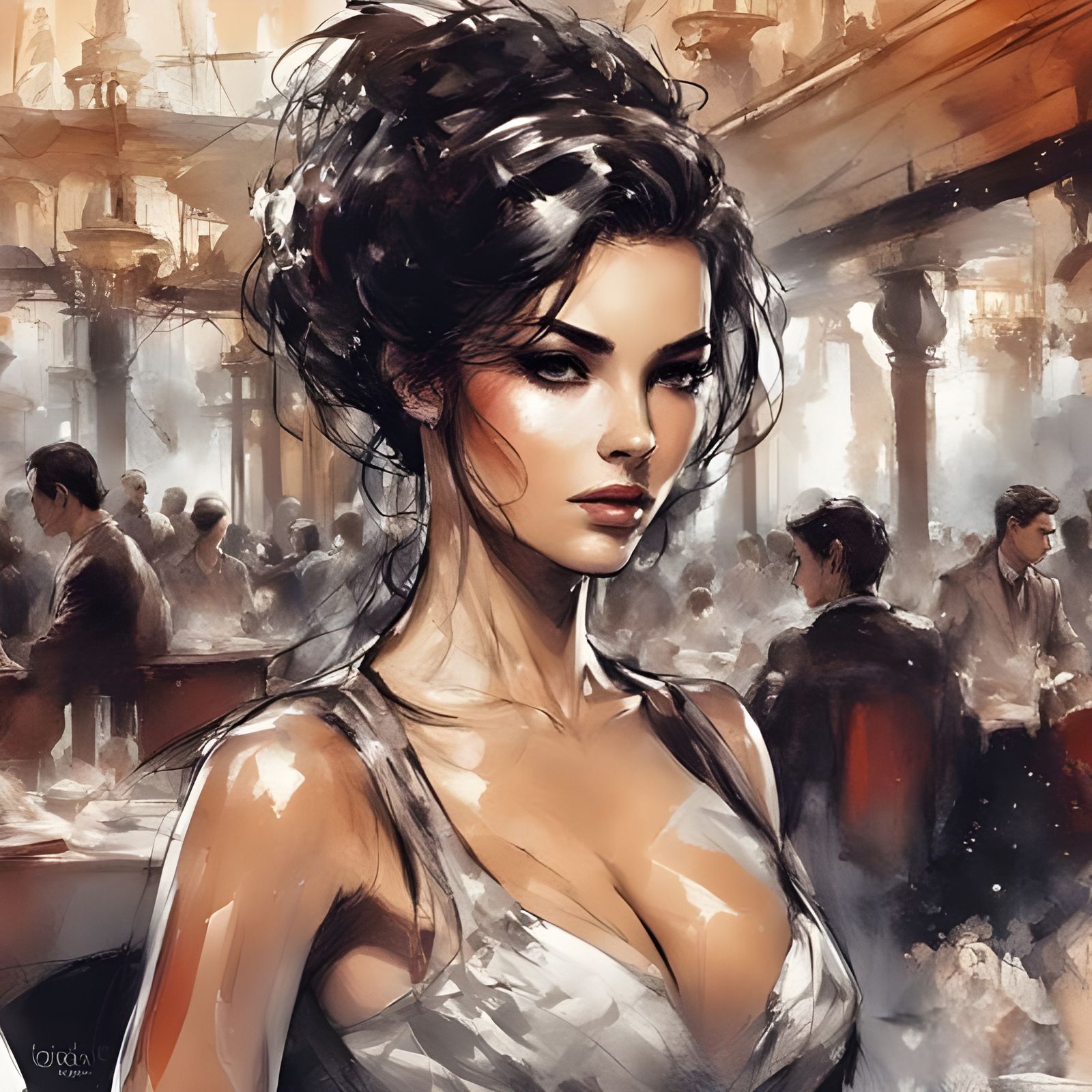 Italian Dancer Portrait in Ink Splash Art Style