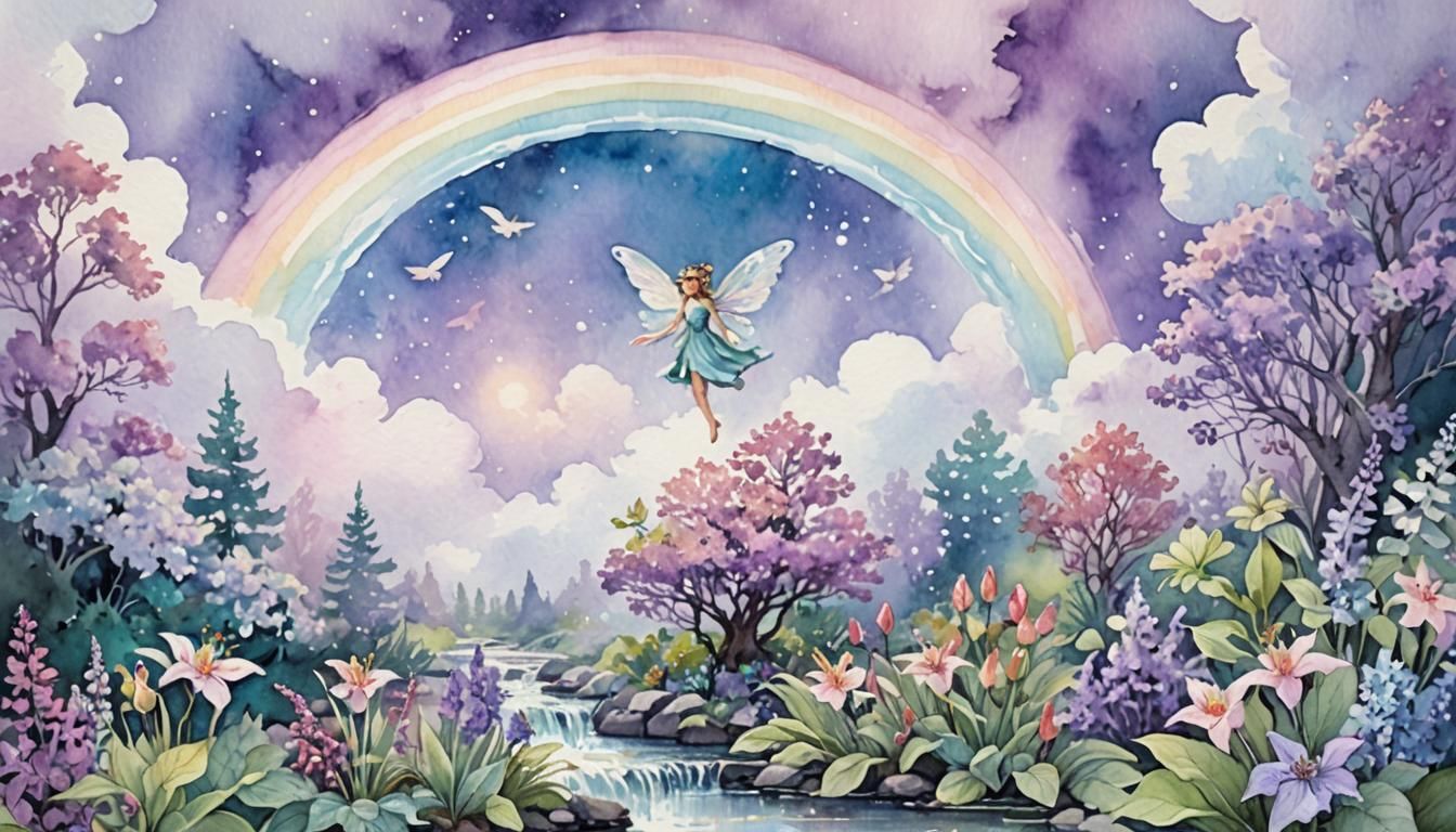 Mystical Fairy Garden with Rainbow in Watercolor Style
