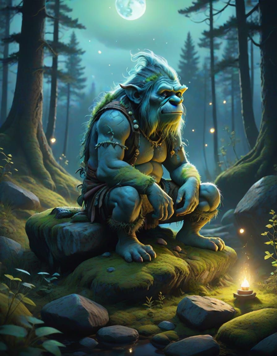 Mystical Norwegian Troll in Moonlit Forest