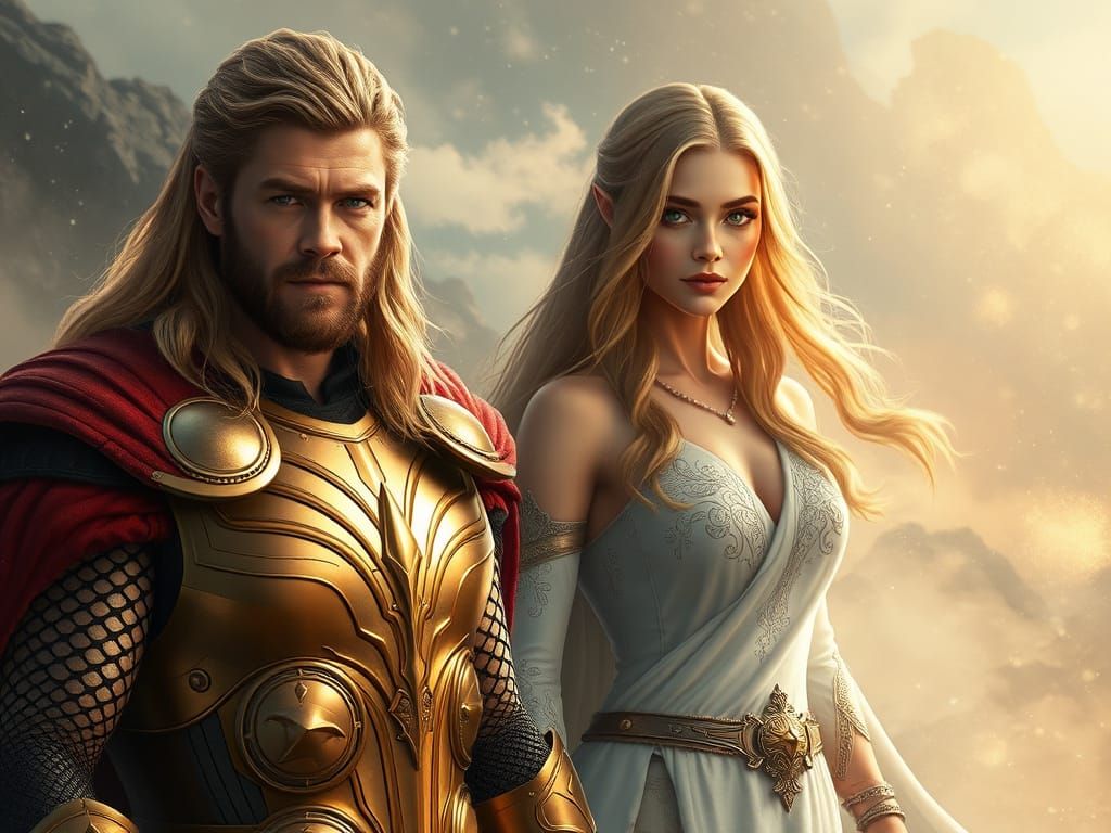 Norse God Thor and Goddess in Golden Armor Amidst Ethereal F...