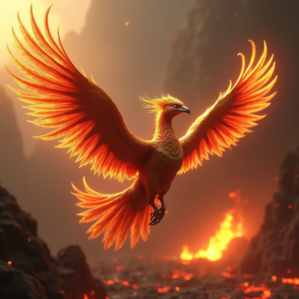 Fiery Phoenix Soaring Through Volcanic Skies