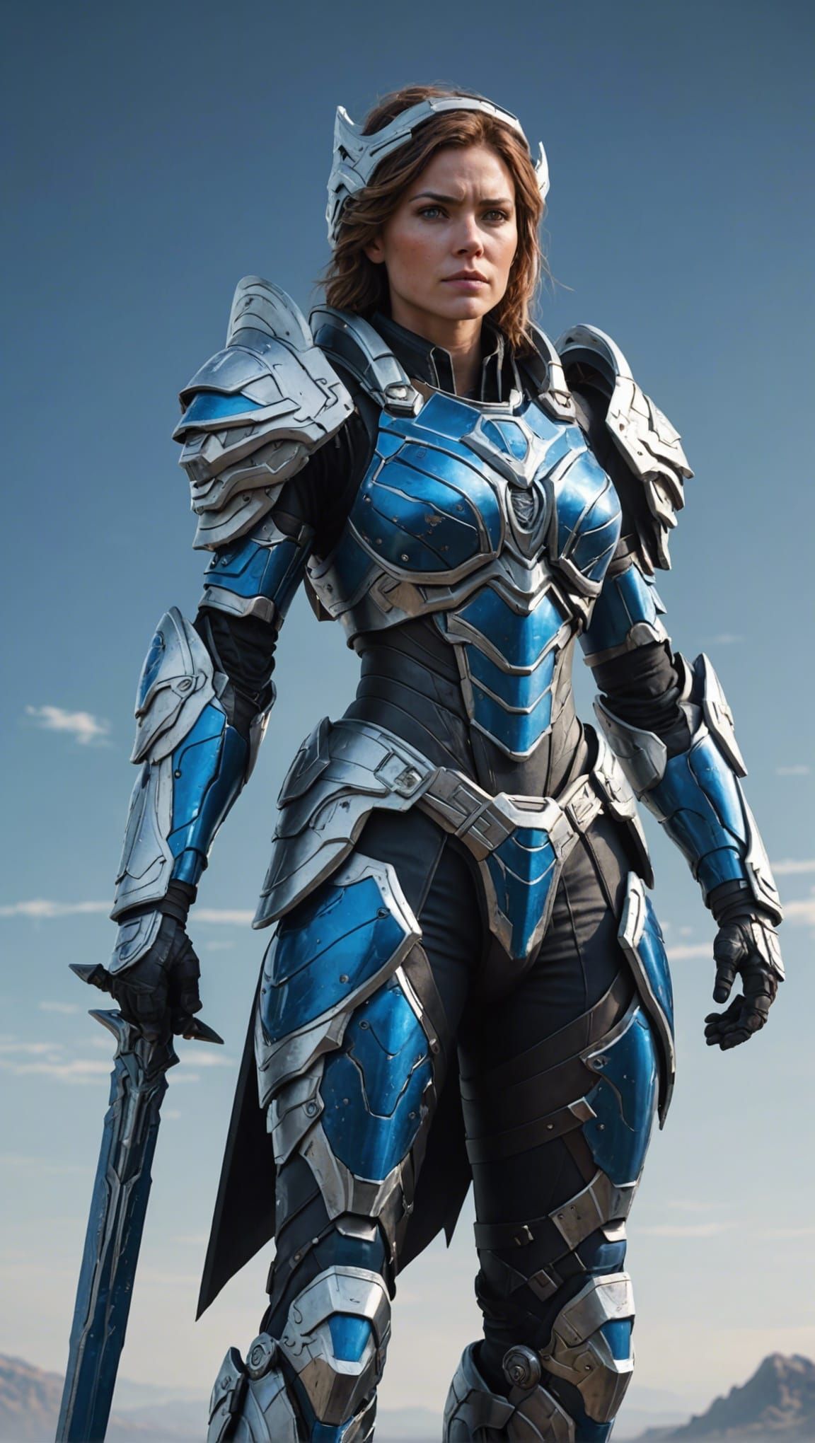 Armored Woman Warrior with Halo on Blue Planet