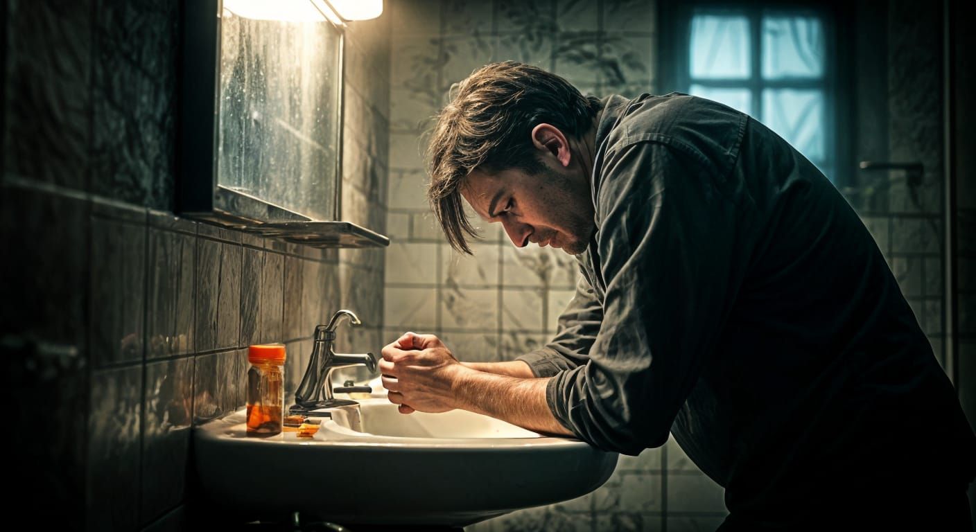 Haunted Man in Dark Bathroom: Hyper-Realistic Scene