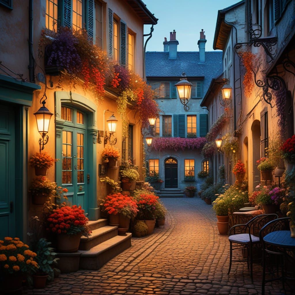 A whimsical, narrow cobblestone street winding through a cha...