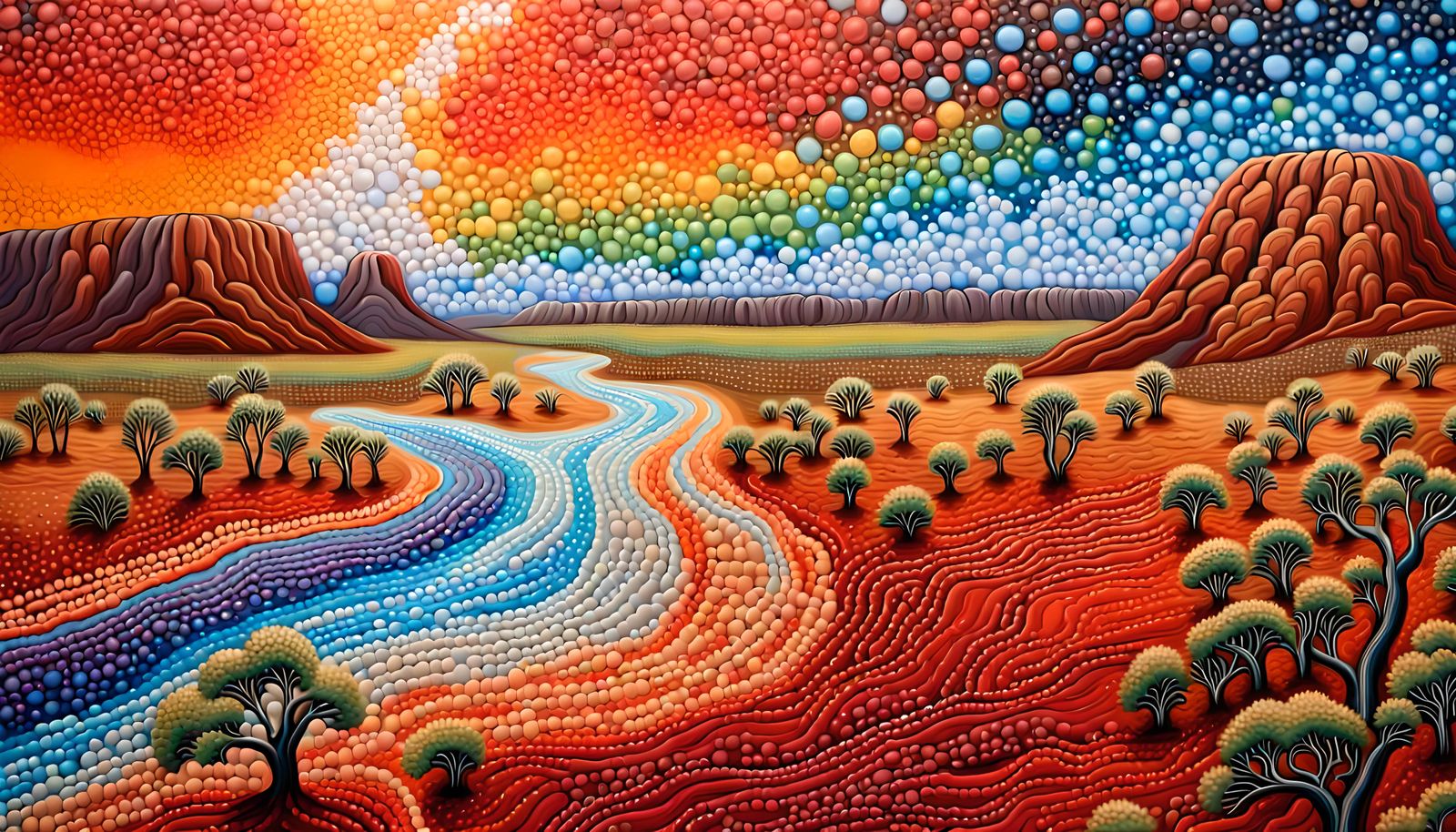Flooding Uluru in Aboriginal Dreamtime Art Style