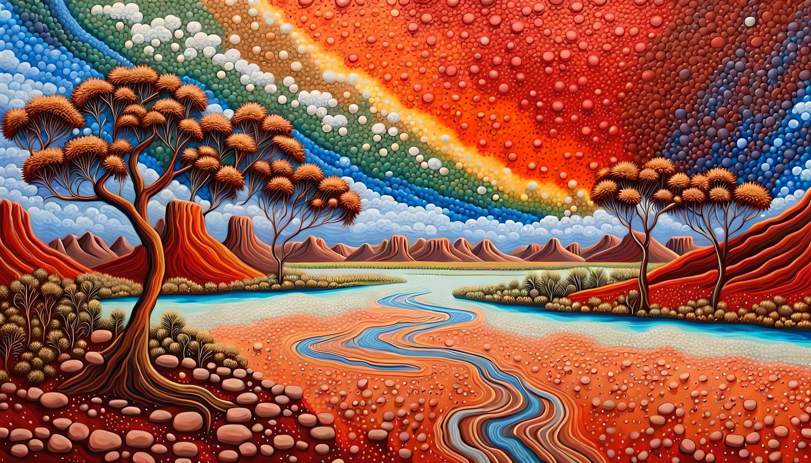 Flooded Uluru Outback: Impasto Aboriginal Dot Painting