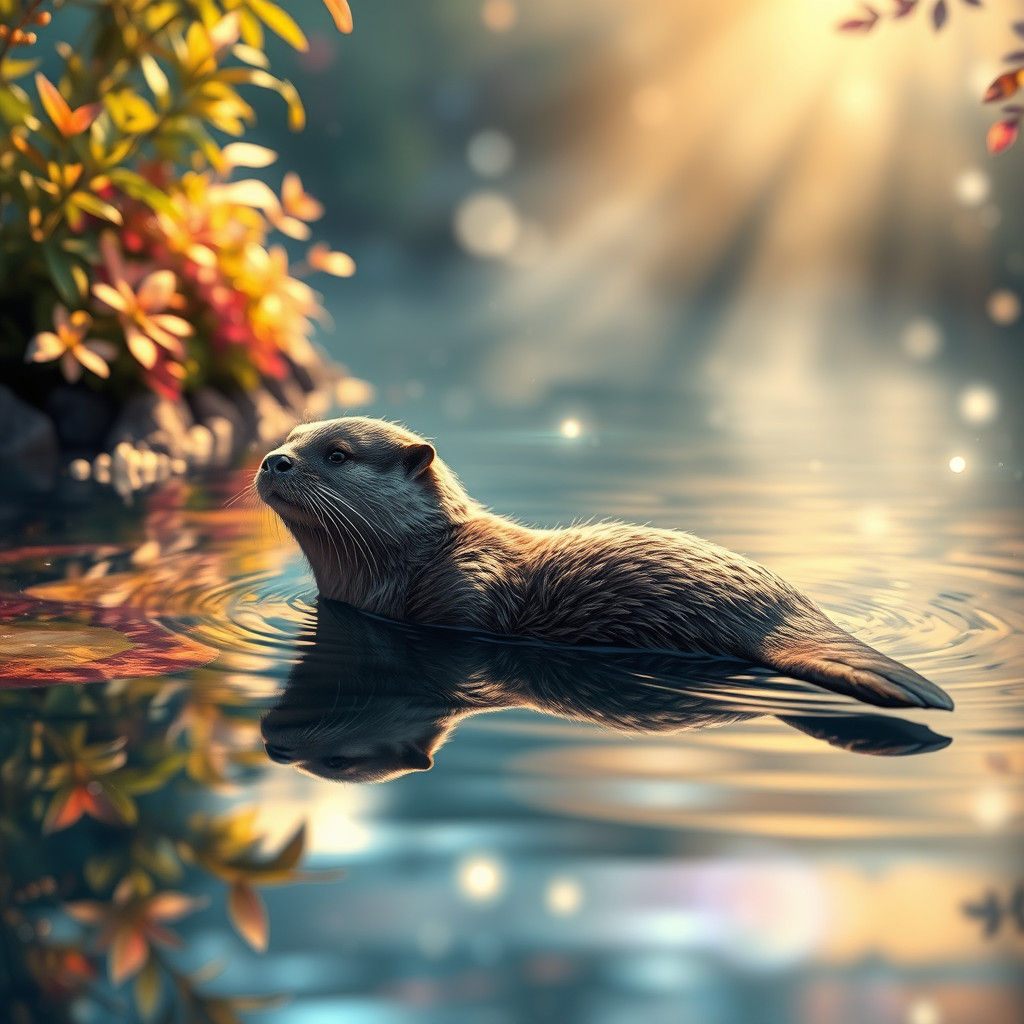 Otter on Iridescent Water in Mystical Landscape