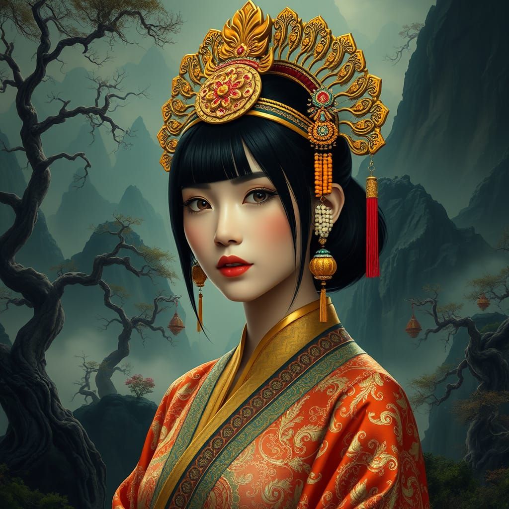 Elegant Thai Goddess in Fantasy Landscape