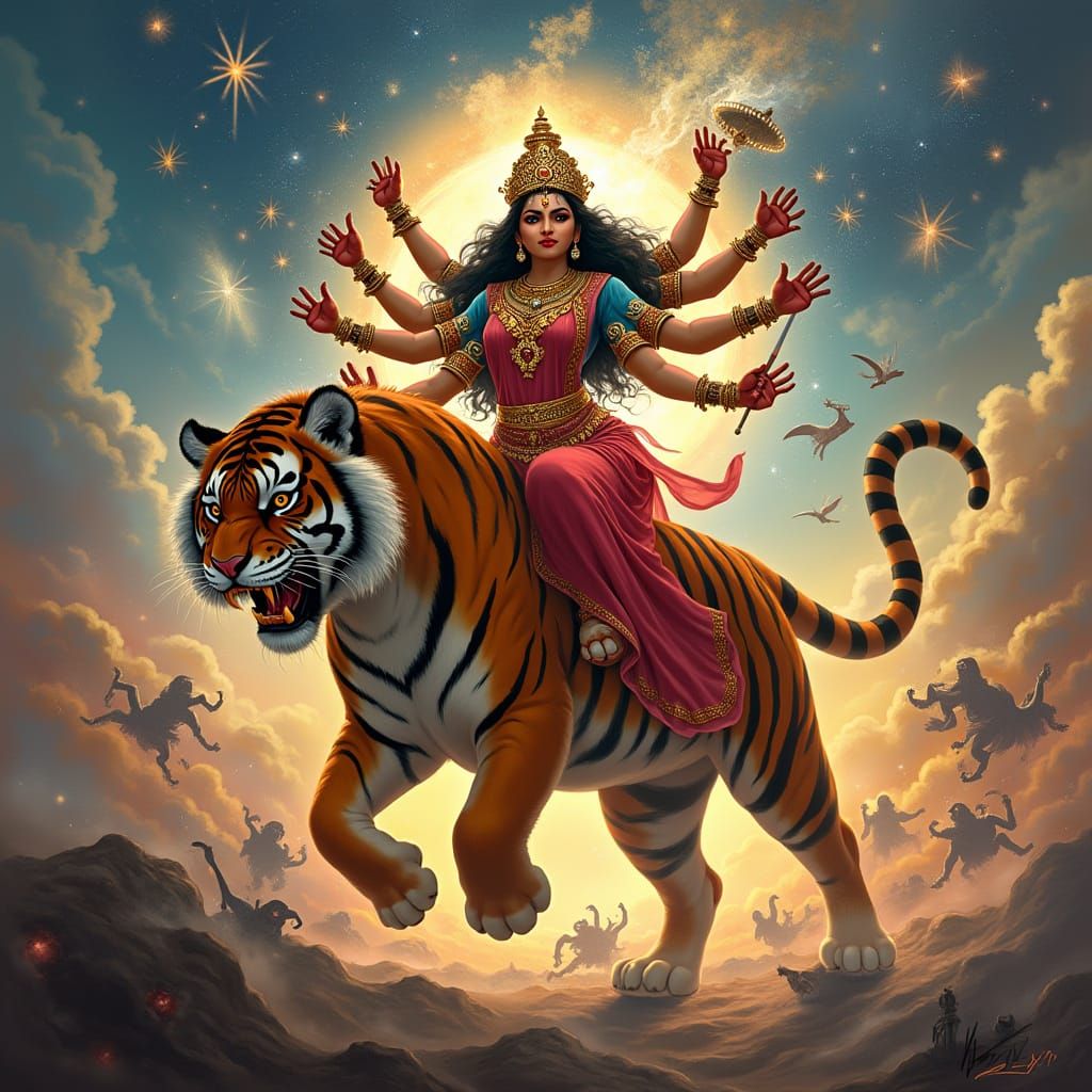 Goddess Durga on Tiger in Cosmic Battle