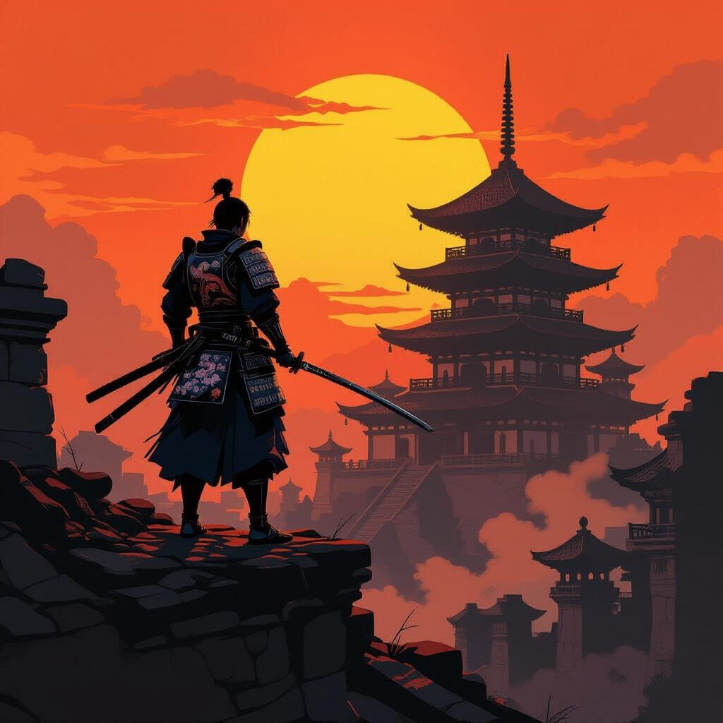Samurai Silhouette at Sunset in Painted Style