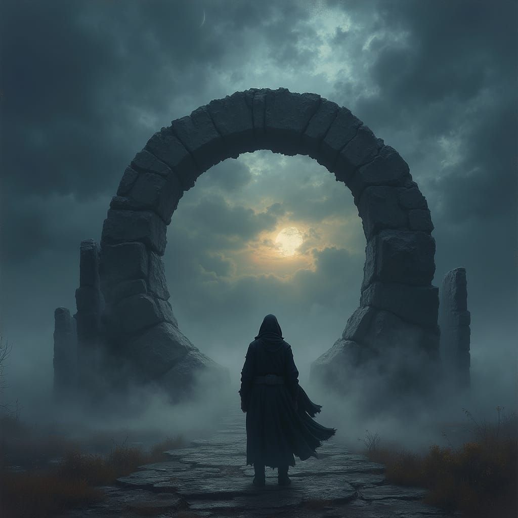 Ninja Guarding Ancient Stone Circle Under Stormy Sky