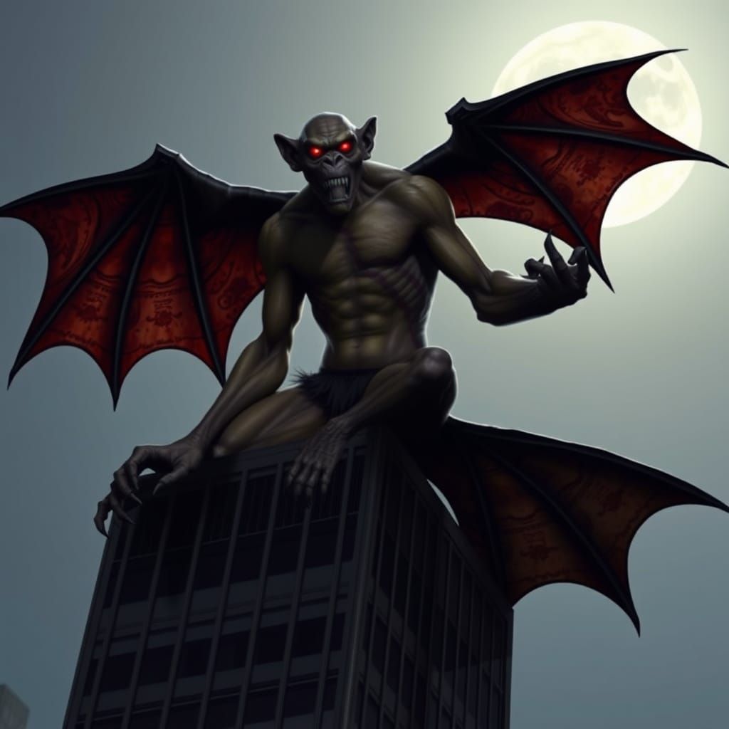 Winged Ape-like Creature on Skyscraper at Full Moon