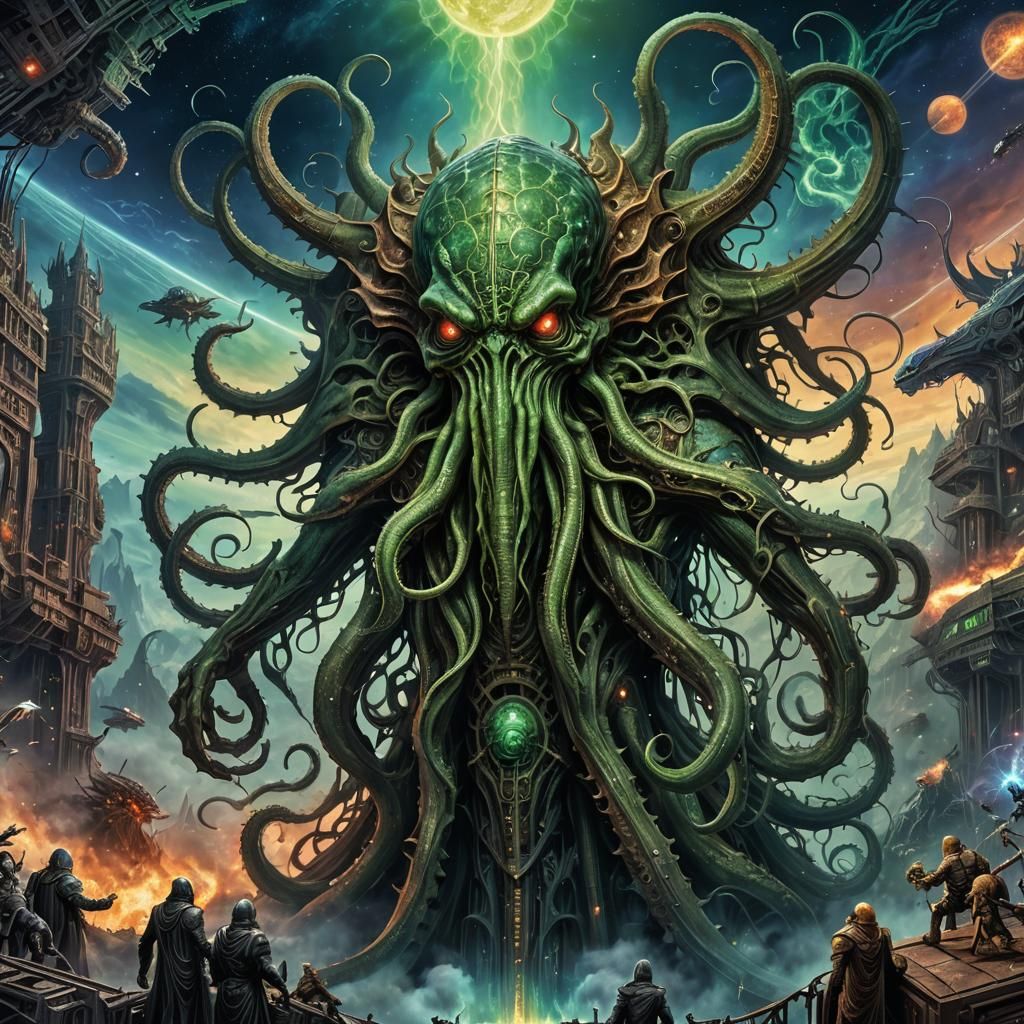 Epic Cthulhu Battle in Giger and Amaringo Style