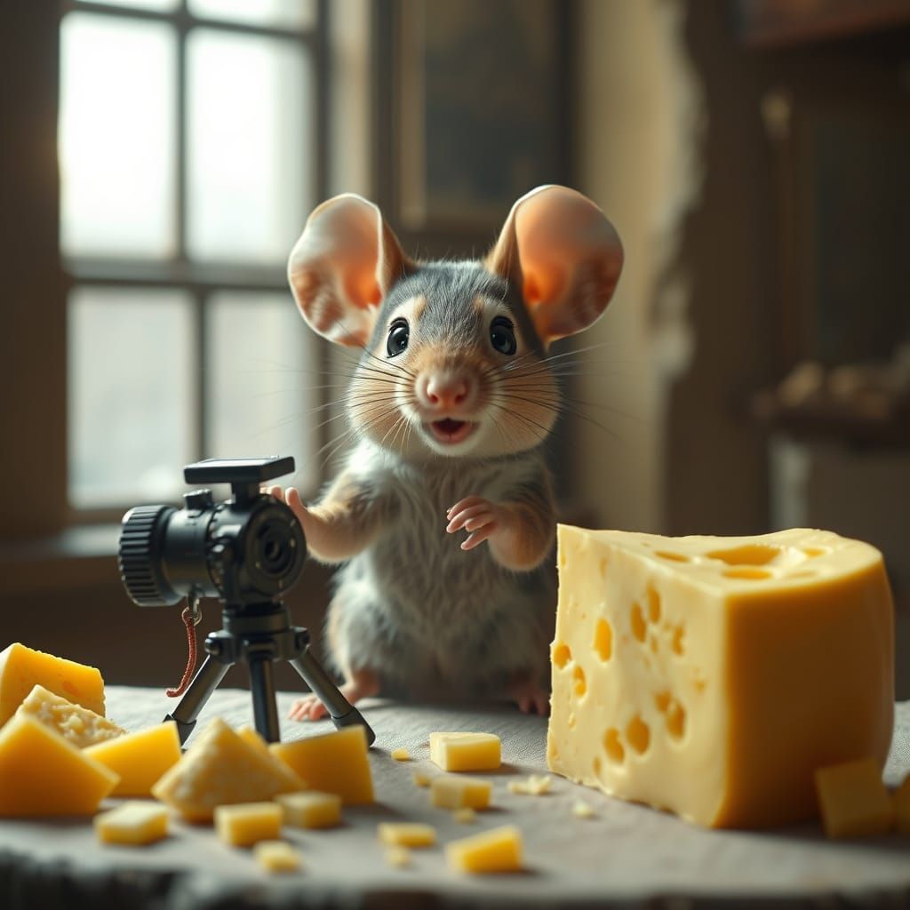 Mouse Director in Hyperrealistic Cheese-Themed Film