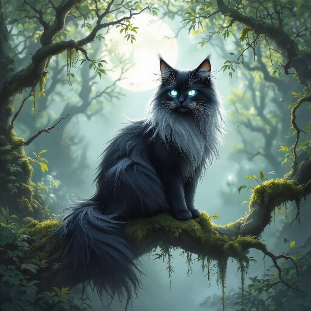 Mystical Silver Cat in Moonlit Forest