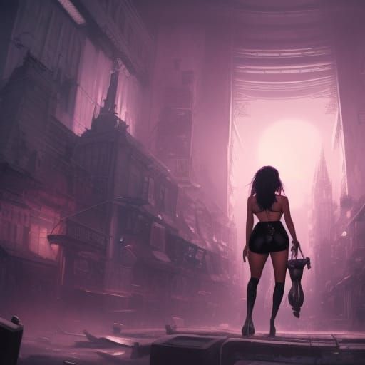 Gothic Woman in Cyberpunk City, Hyperdetailed Art