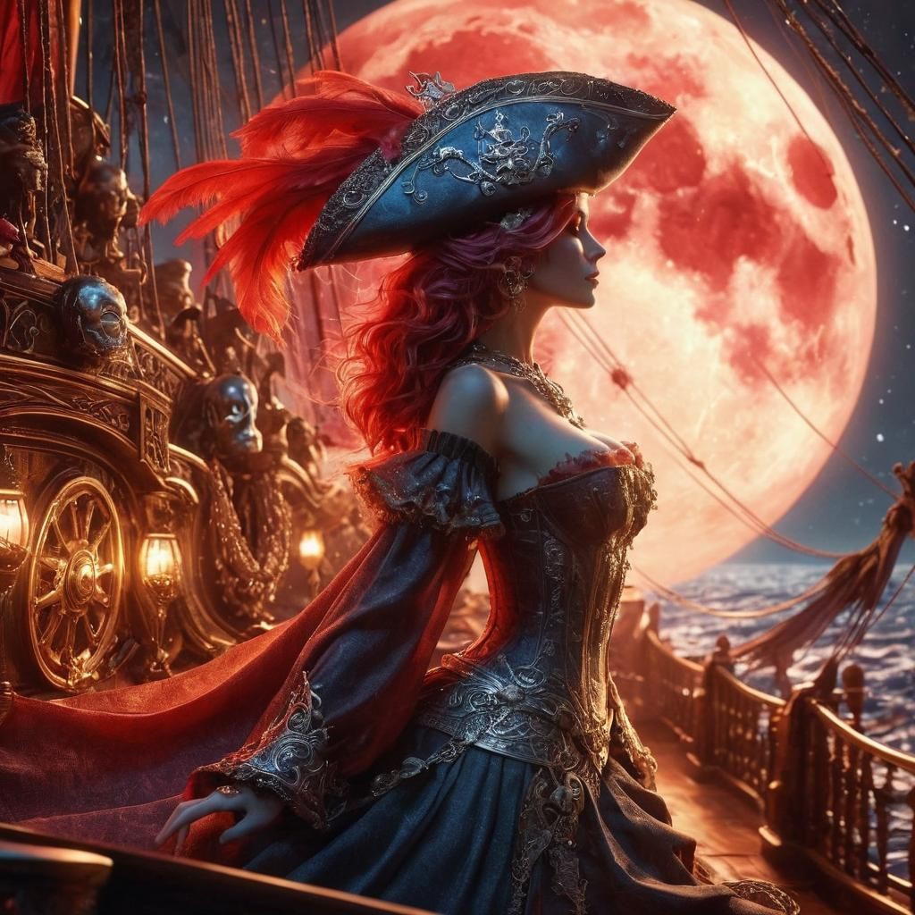 Stunning Pirate Maiden Dominates Crimson Night Sky