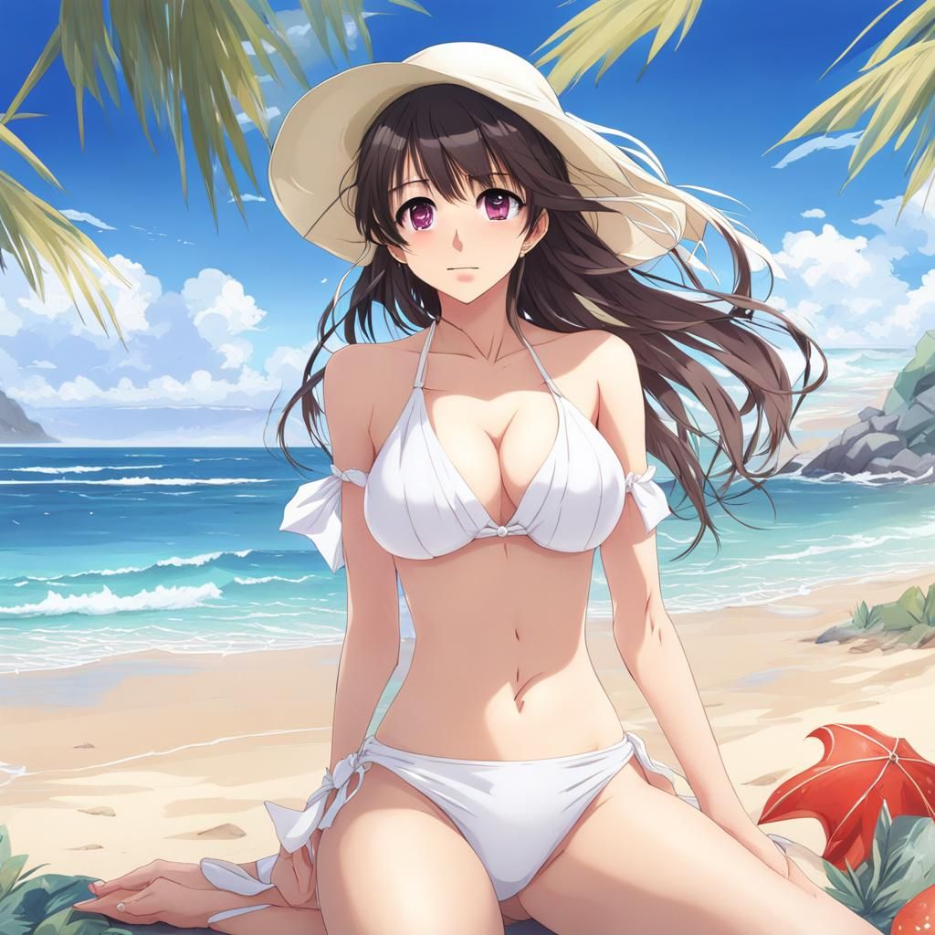 Anime Girl in Transparent Bikini on Beach