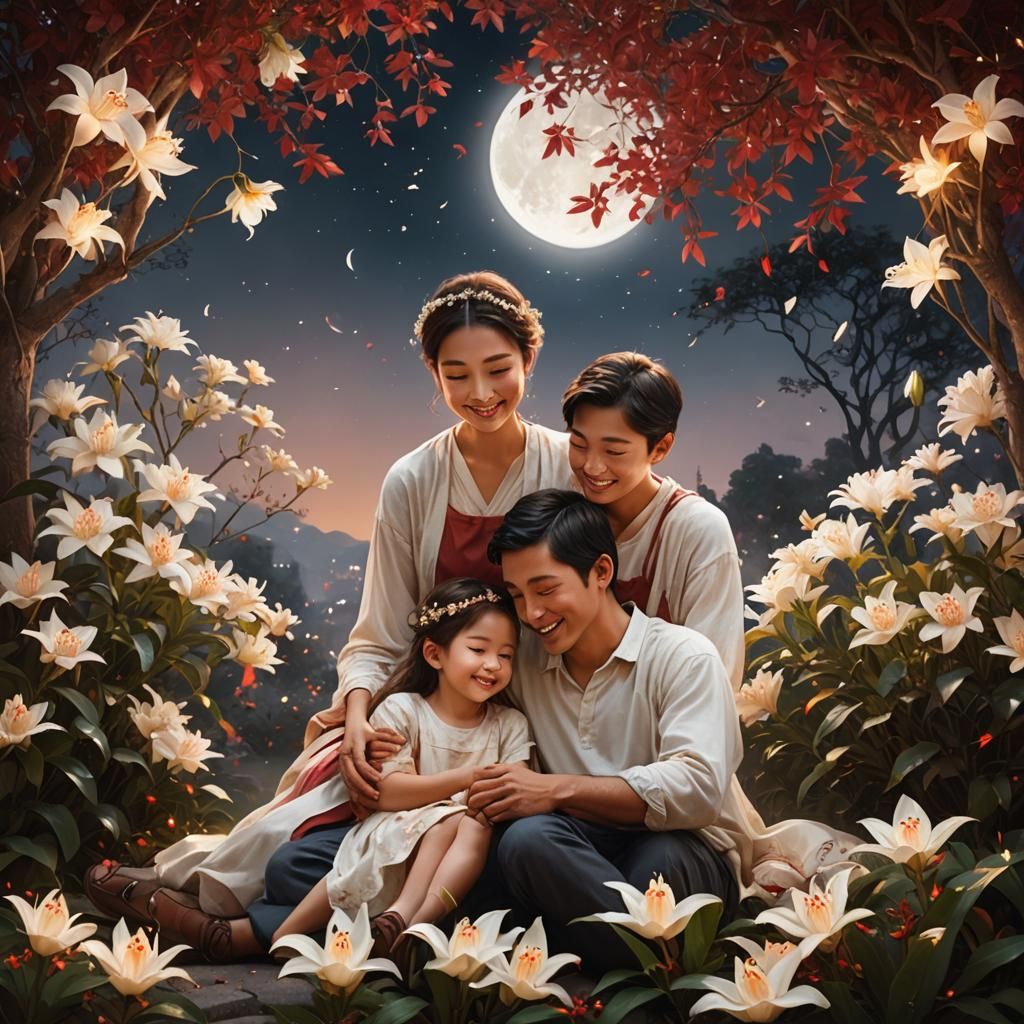 Smiling Family Under Jasmine Lily: Fantasy Matte Painting