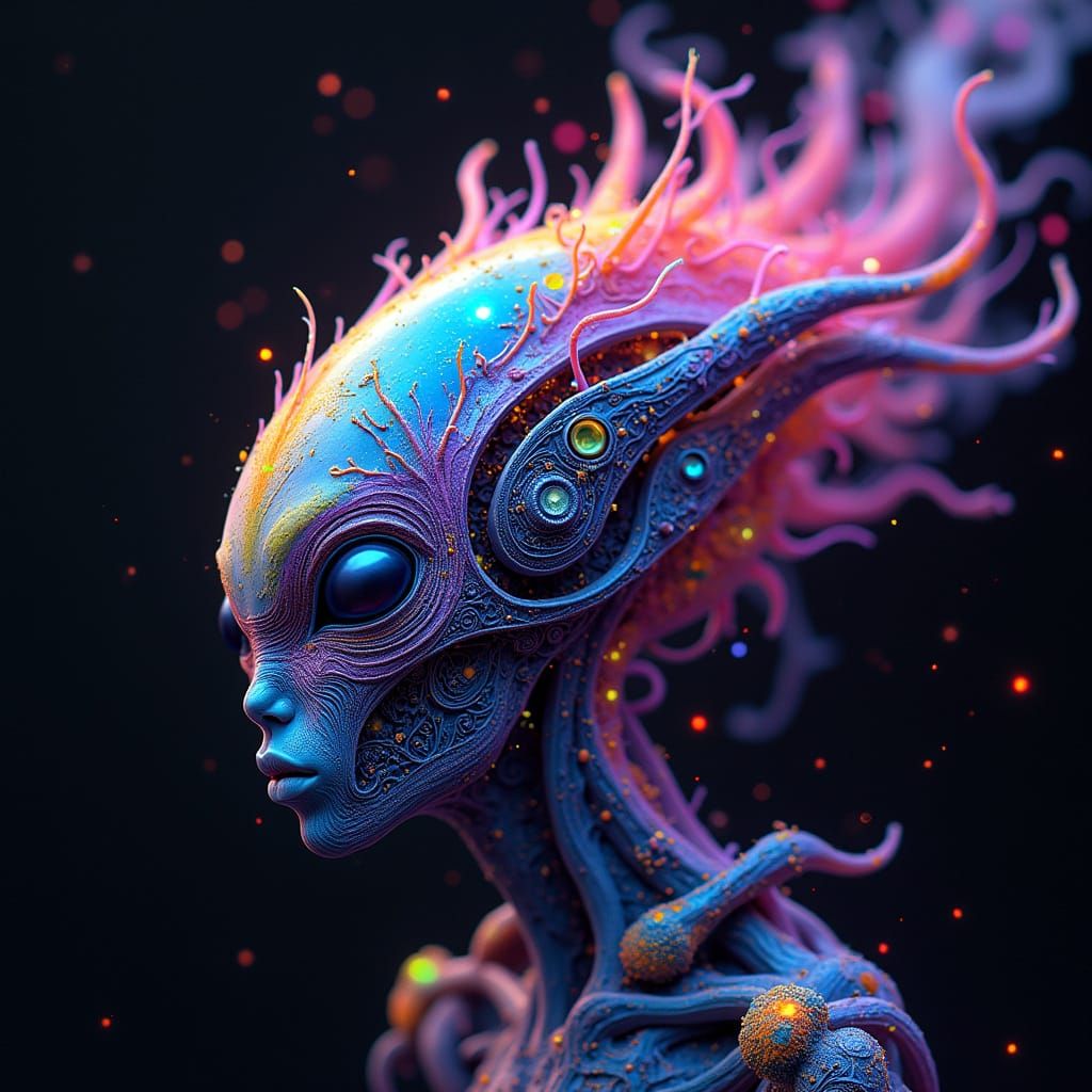 Biomechanical Alien Unfurls in Cosmic Brilliance