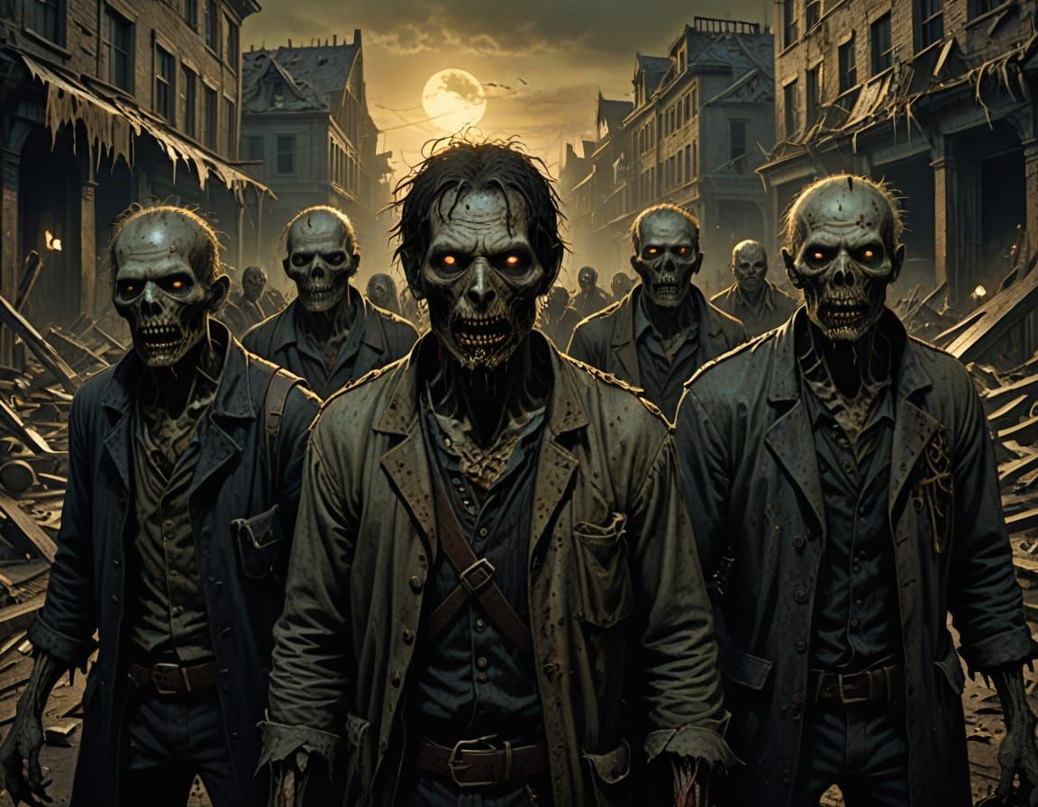 Dark Fantasy Zombies in Decayed Cityscape