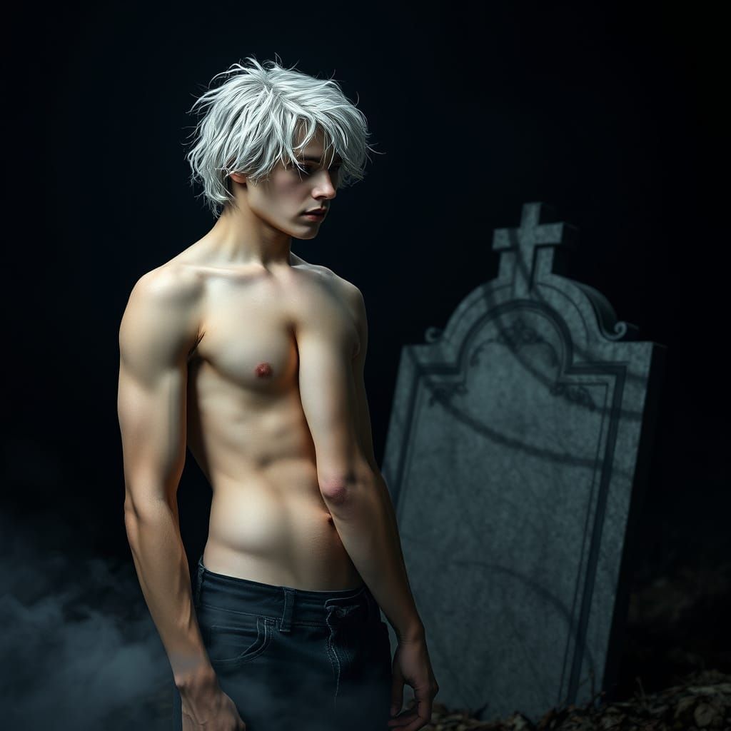 A Young Man Contemplates a Weathered Grave Under Starry Nigh...