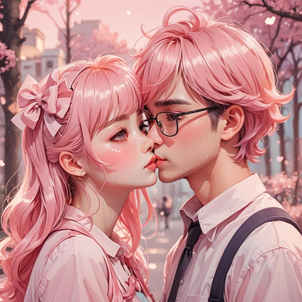 Boy and Geek Girl in Pink Kissing: Manga Style