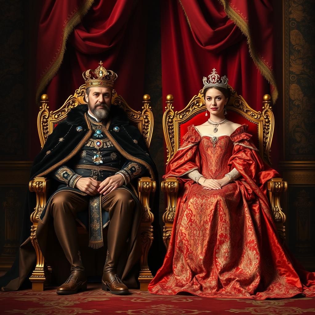 Regal King and Queen in Baroque Throne Room
