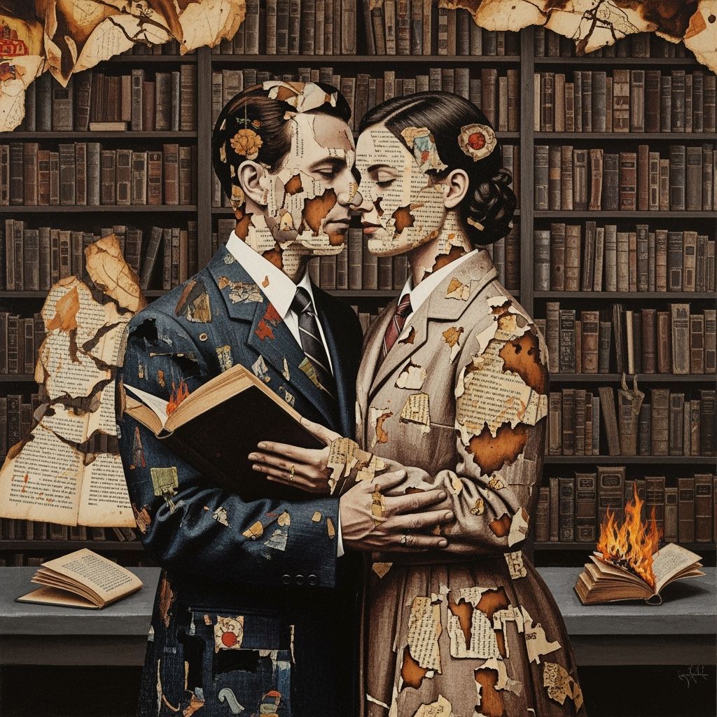 Surreal Collage: Teacher & Librarian Merged with Scorched Bo...