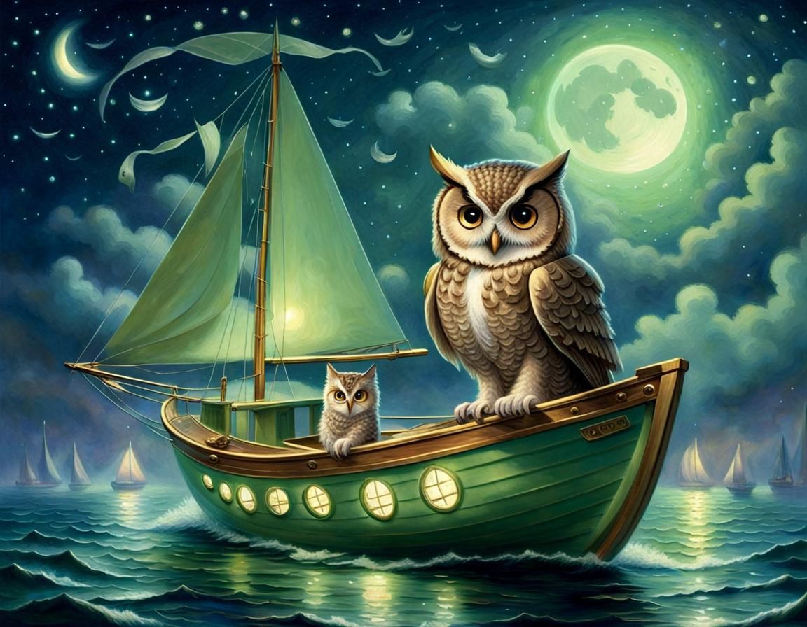 Owl and Cat in a Boat: Ethereal Fantasy Art