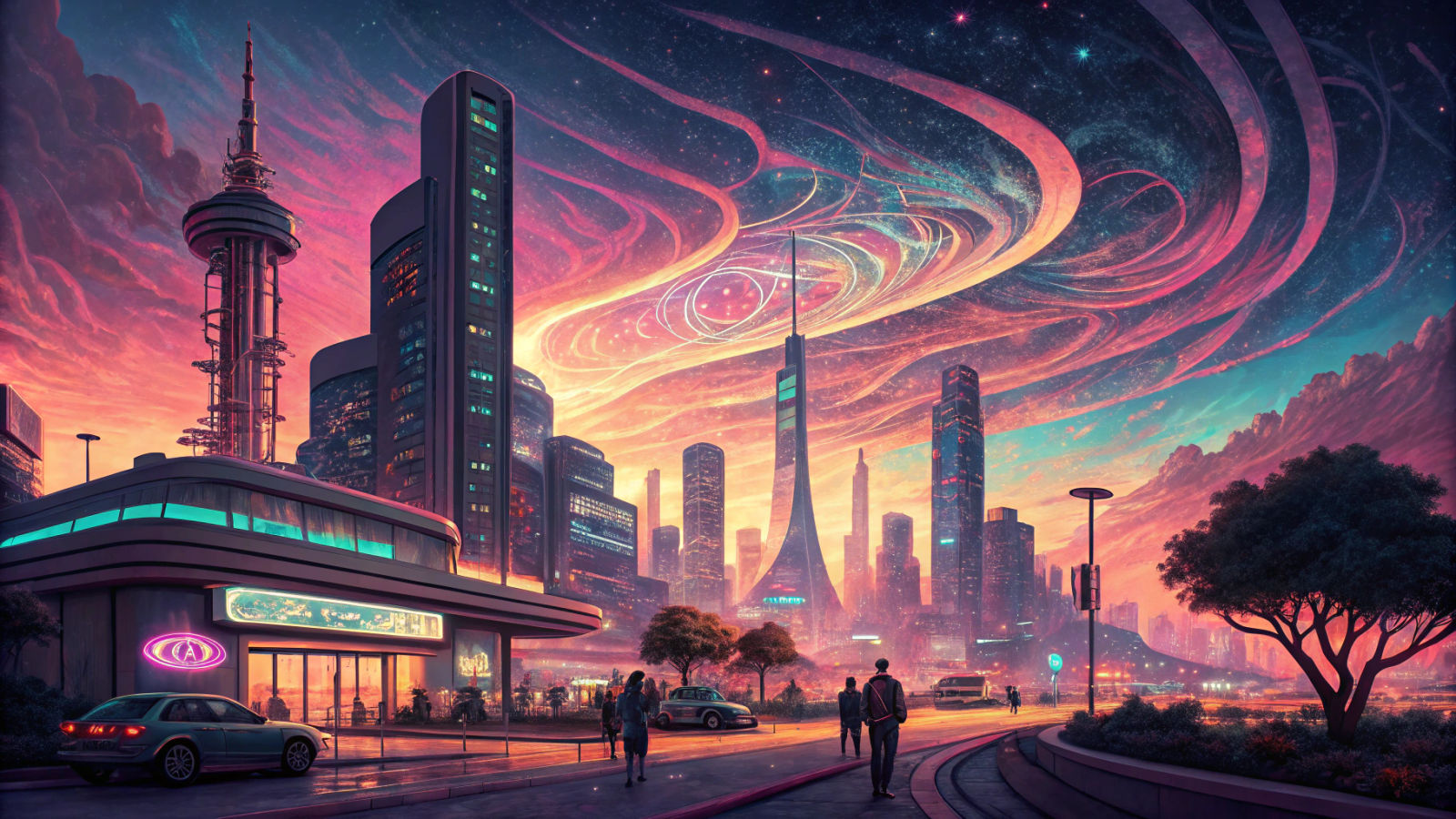 Psychedelic Neon Cityscape in Synthwave Style