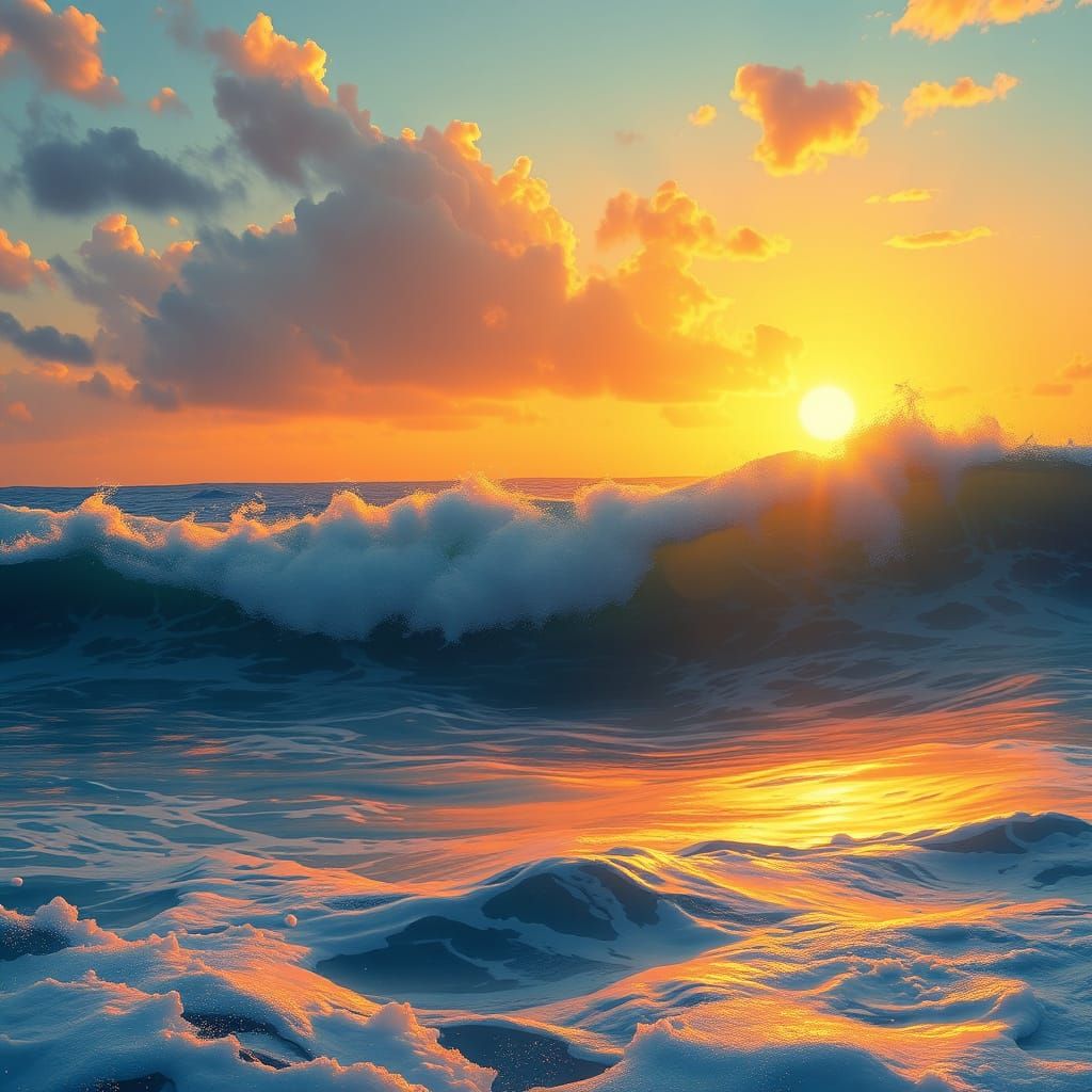 Golden Ocean Dreamscape in Whimsical Anime Style