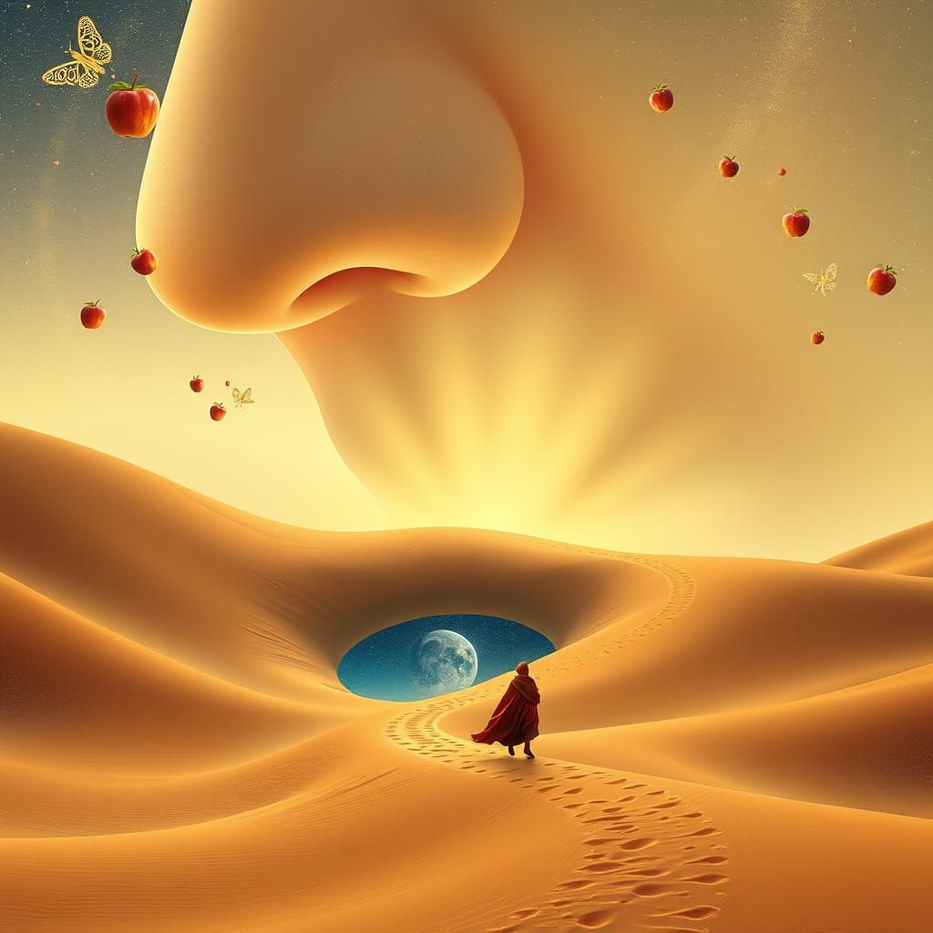 Surreal Persian Miniature: Luminous Chin in Desert Dunes