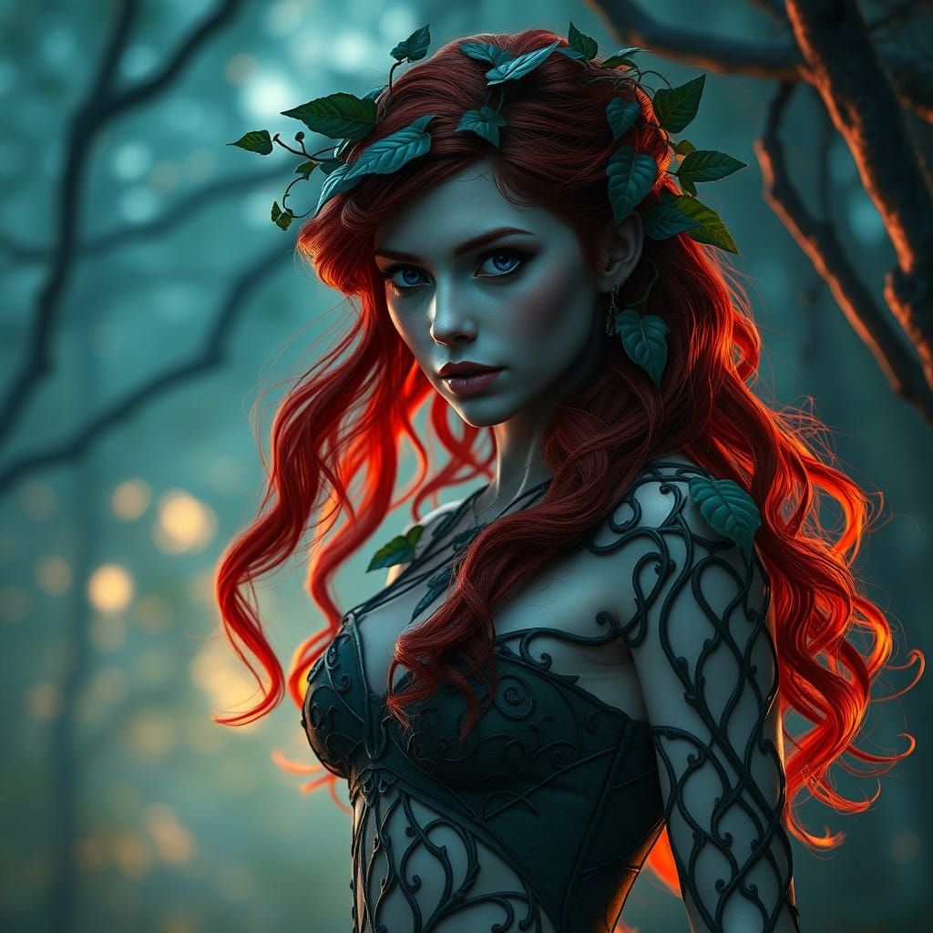 Mystical Red-Haired Poison Ivy in Leafy Attire