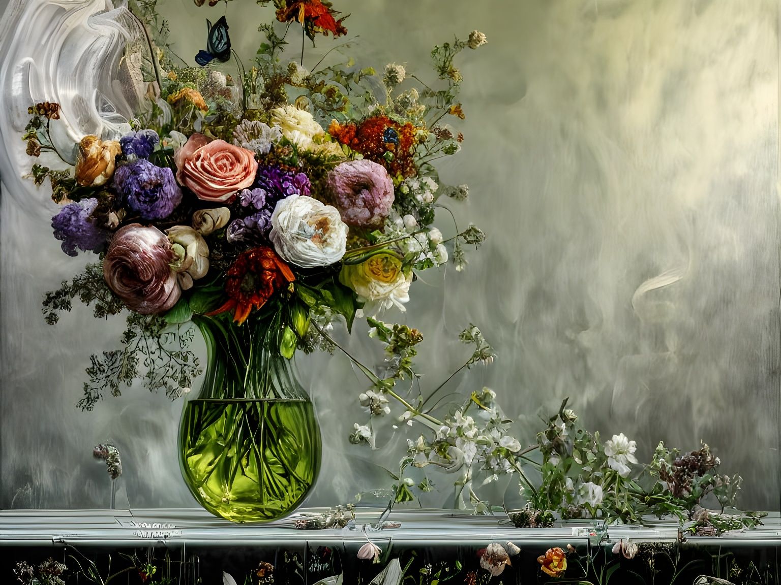 Lush Bouquet in Glass Vase: Digital Painting