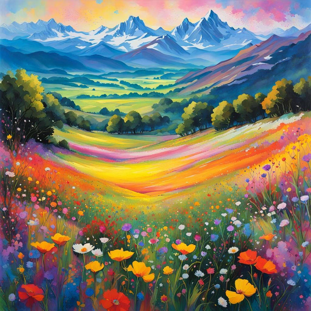 Wildflower Meadow and Snowy Mountains in Fantasy Ink Splatte...