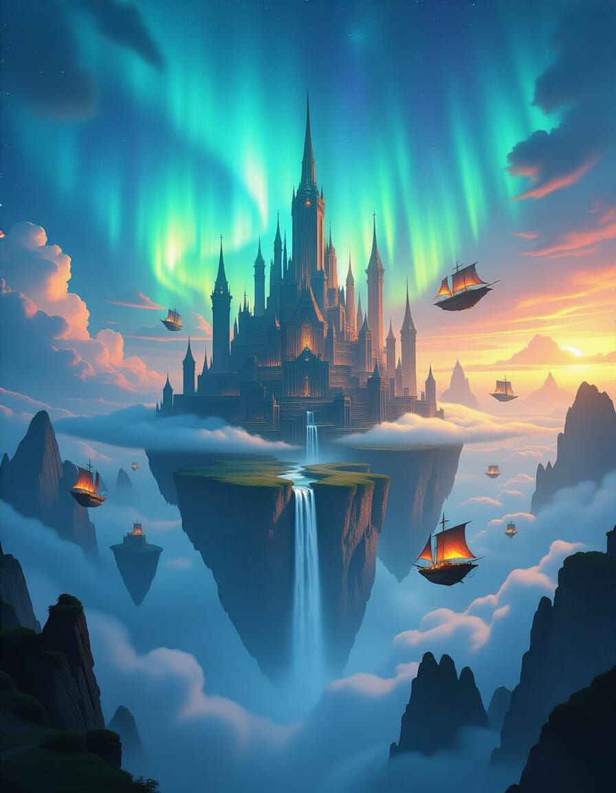 Fantasy City on Levitating Rocks with Aurora Sky