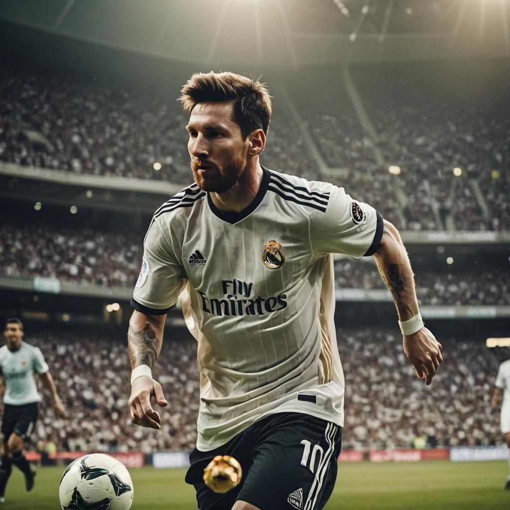 Messi in Real Madrid Kit: Cinematic Film Still
