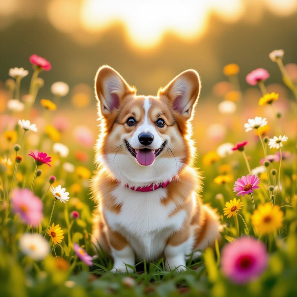 Adorable Corgi in Wildflower Field, Storybook Illustration S...