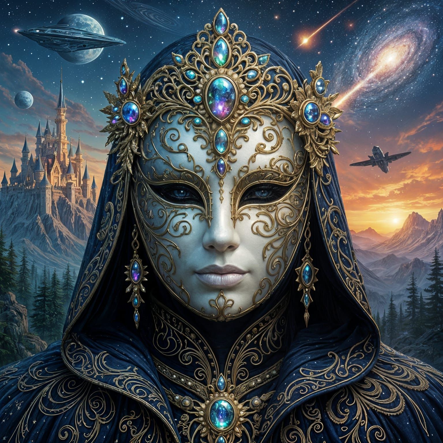 Mysterious Mask with Shifting Fantasy and Cosmic Art