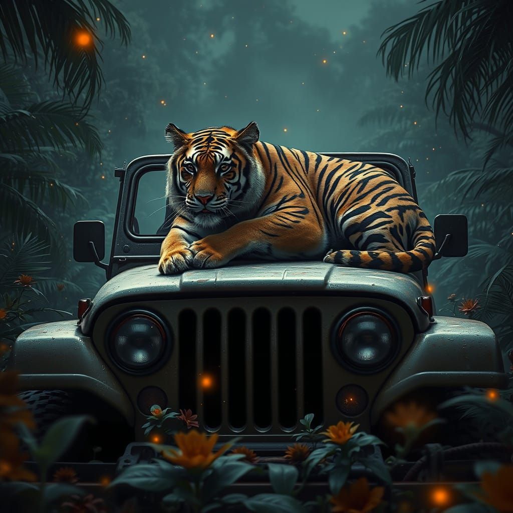 Tiger Emerges from Jungle Foliage in a Moody, Grainy Scene