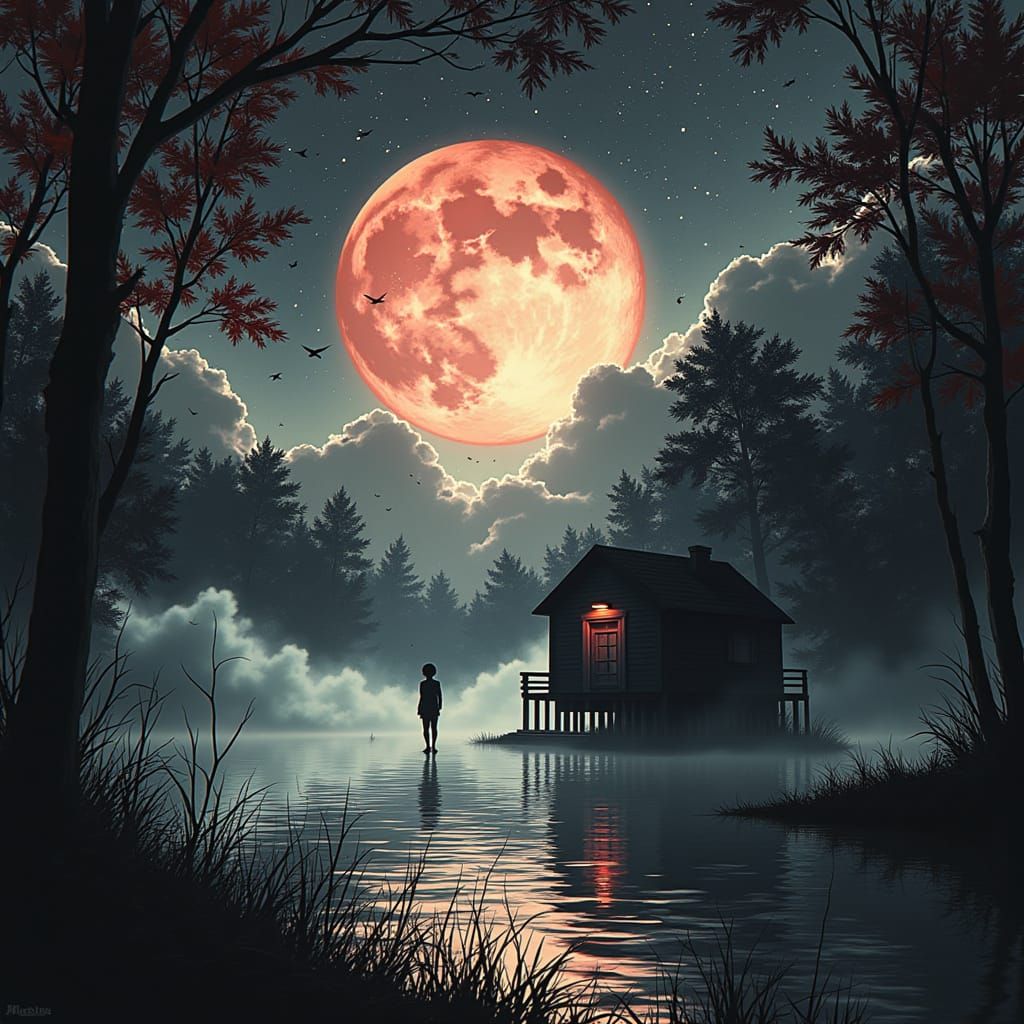 Misty Lake Cabin Under Starry Moonlit Sky
