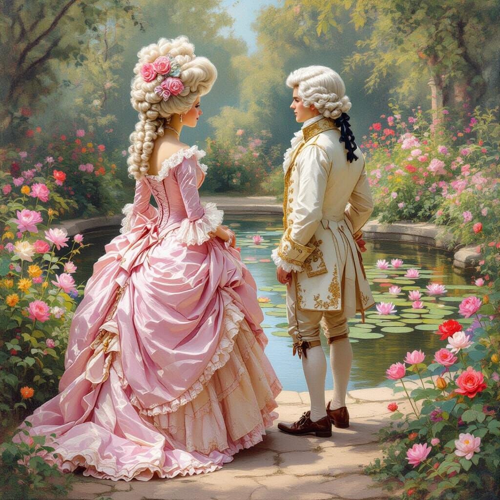 Rococo Couple by Lily Pond in Oil Painting Style