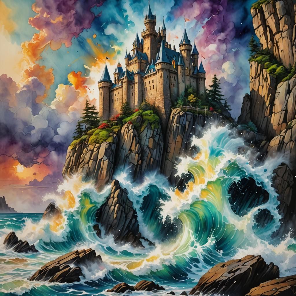 Fantasy Castle Carved in Rock with Crashing Waves